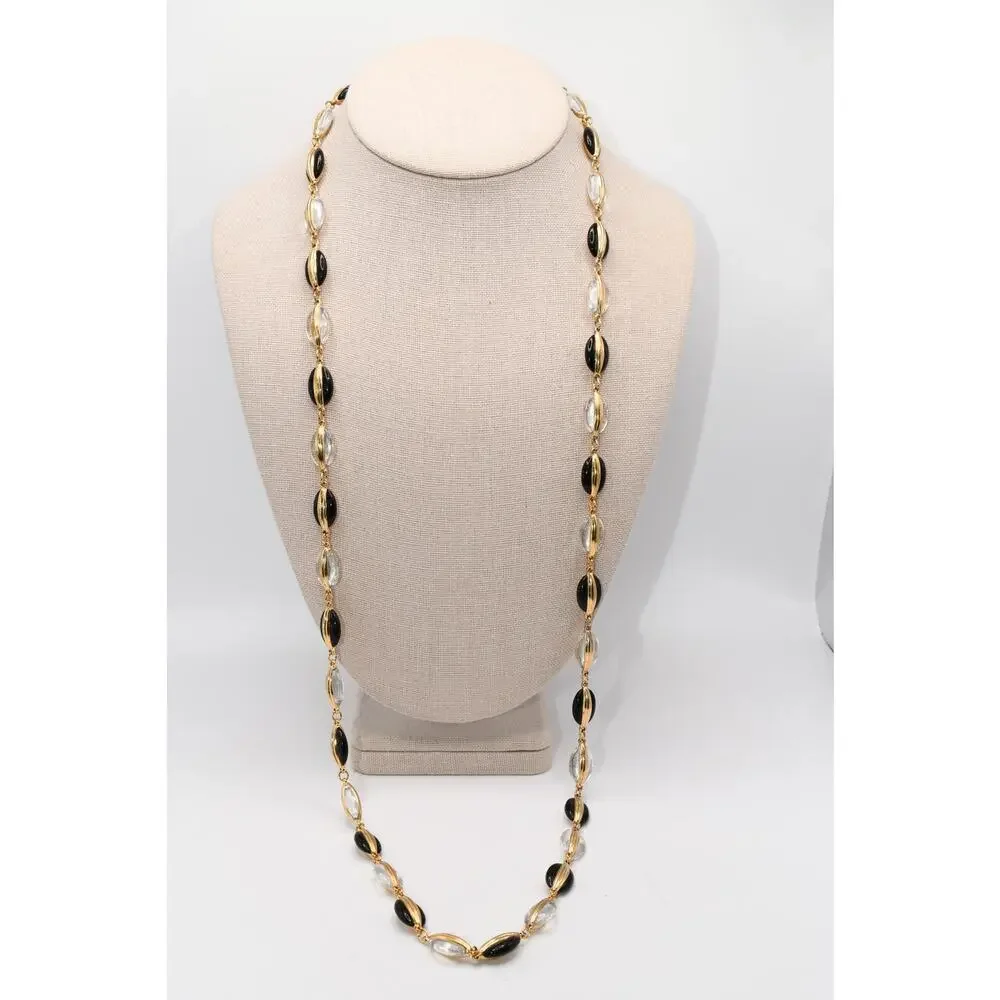 Vintage Swarovski Black Clear Crystal Gold Tone Long Necklace 34”
